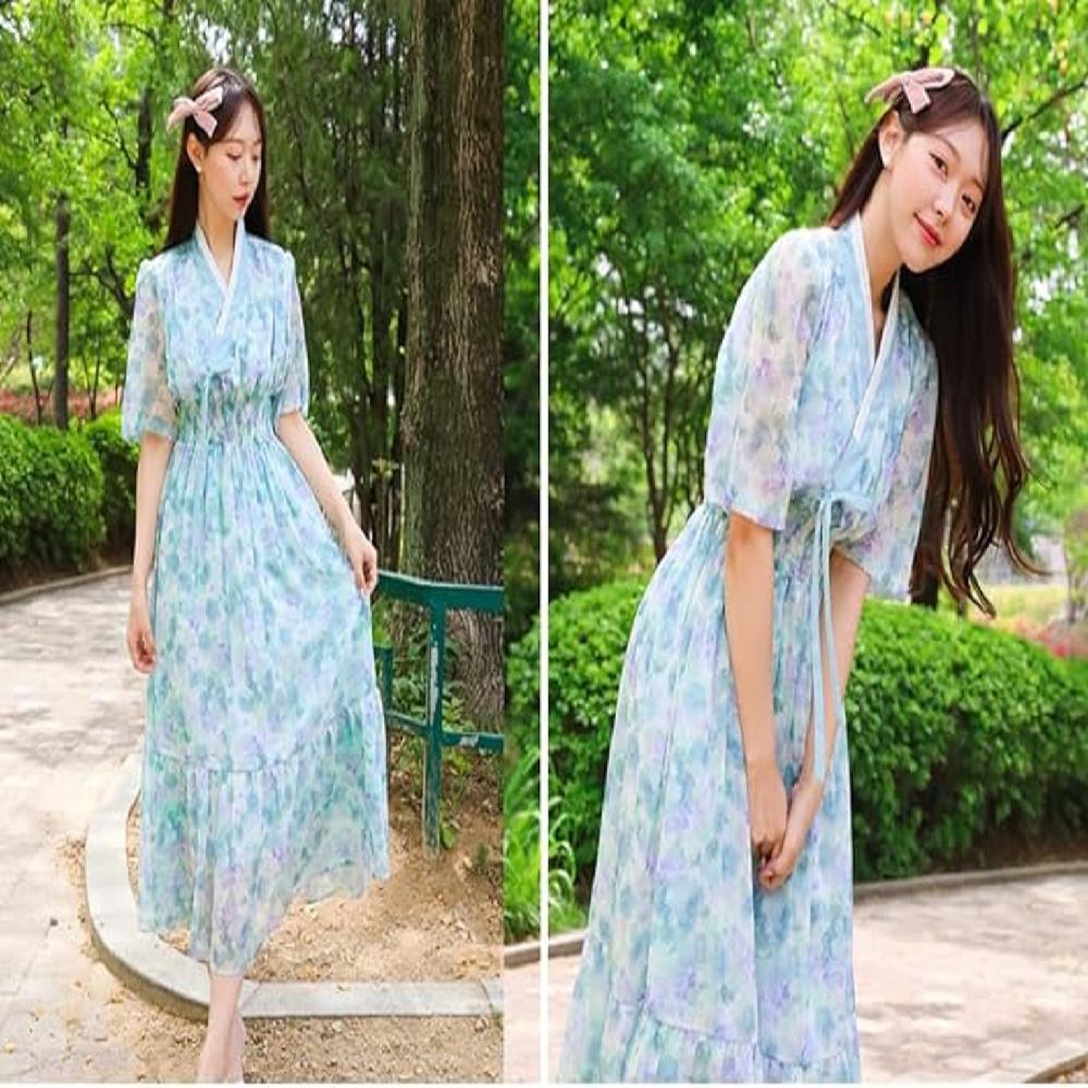 LEESLE Ylang Summer Chiffon Short Sleeves Women Hanbok Long Dress | Hanbok-inspired Elegance, Inclusive Sizing, Chiffon Comfort, Contemporary Tradition, Joyful Dressing, Adaptable Waist Banding, Versatile Summer Wear, Personalized Color Palette, Everyday Beauty, Cultural Fusion Fashion